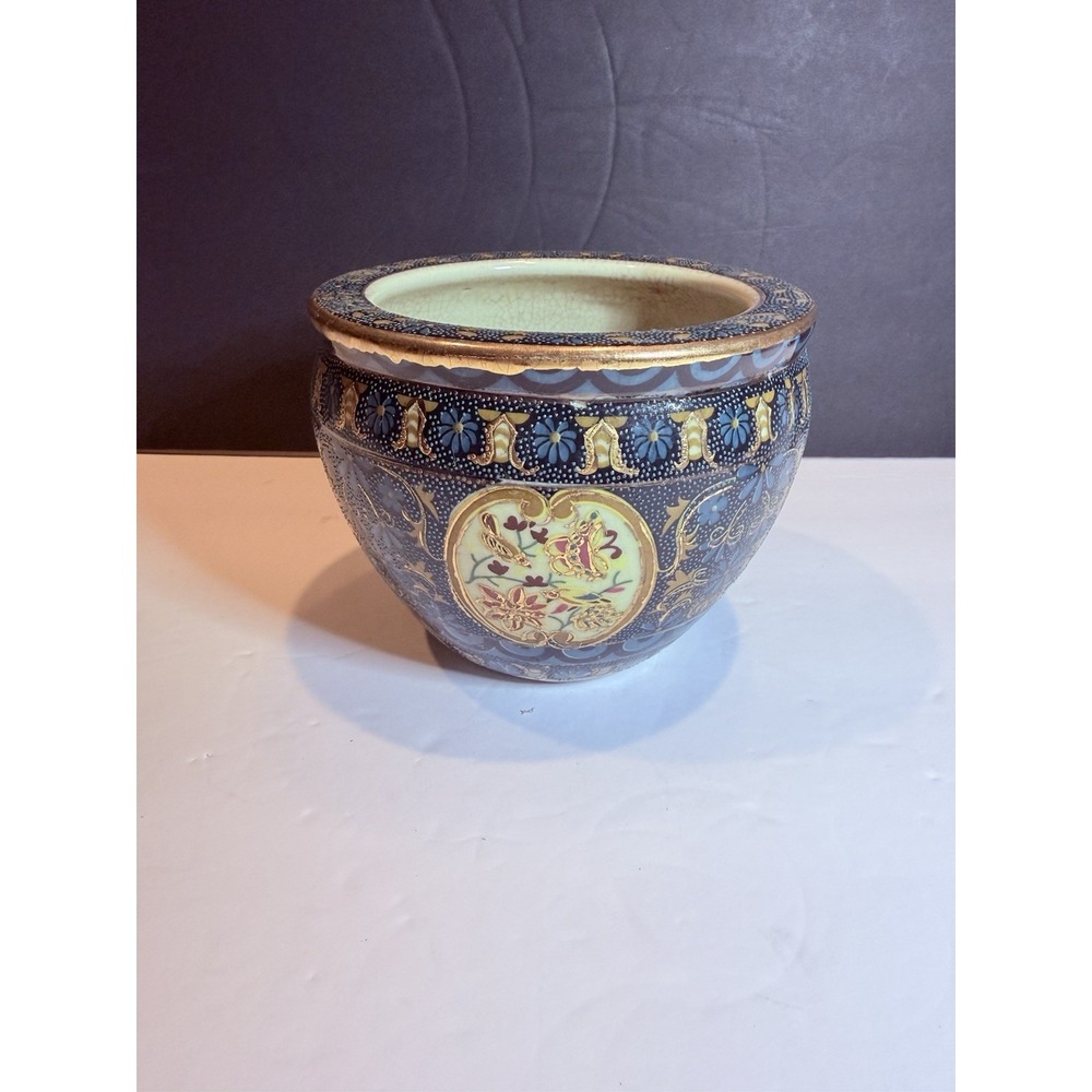 Vintage Japanese Satsuma Style Blue Gold Ceramic Cachepot Planter Bowl 5"